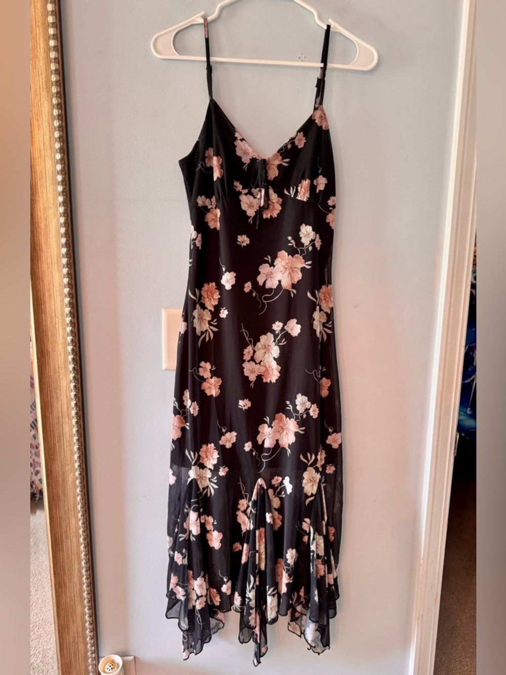 90s Vintage Boho Black/Pink Floral Mesh Midi Slip Dress